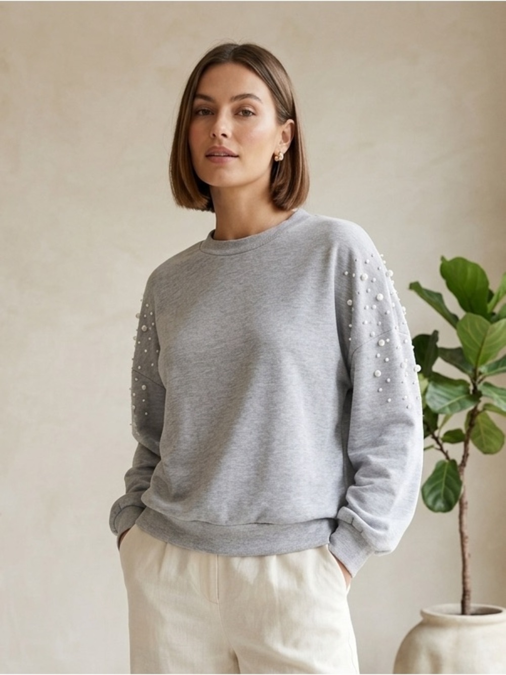 ALYA Pearl Embellished Sweatshirt Heather Gray Rayon Blend Pullover Small S